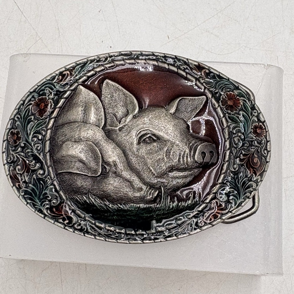 Indiana Metal Craft Silvertone Pig Pair Enamel Belt Buckle Hog VTG 1982 Y49